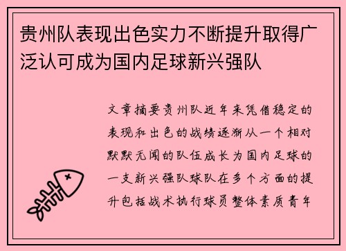 贵州队表现出色实力不断提升取得广泛认可成为国内足球新兴强队