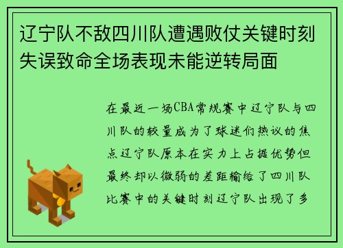 辽宁队不敌四川队遭遇败仗关键时刻失误致命全场表现未能逆转局面