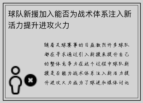 球队新援加入能否为战术体系注入新活力提升进攻火力