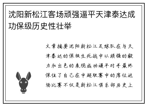 沈阳新松江客场顽强逼平天津泰达成功保级历史性壮举