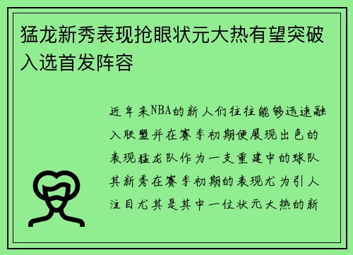 猛龙新秀表现抢眼状元大热有望突破入选首发阵容