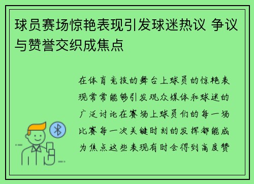 球员赛场惊艳表现引发球迷热议 争议与赞誉交织成焦点