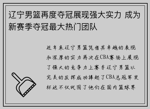 辽宁男篮再度夺冠展现强大实力 成为新赛季夺冠最大热门团队