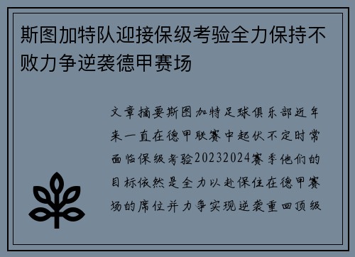 斯图加特队迎接保级考验全力保持不败力争逆袭德甲赛场