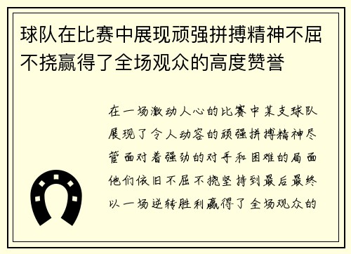 球队在比赛中展现顽强拼搏精神不屈不挠赢得了全场观众的高度赞誉