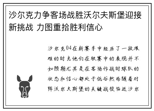 沙尔克力争客场战胜沃尔夫斯堡迎接新挑战 力图重拾胜利信心